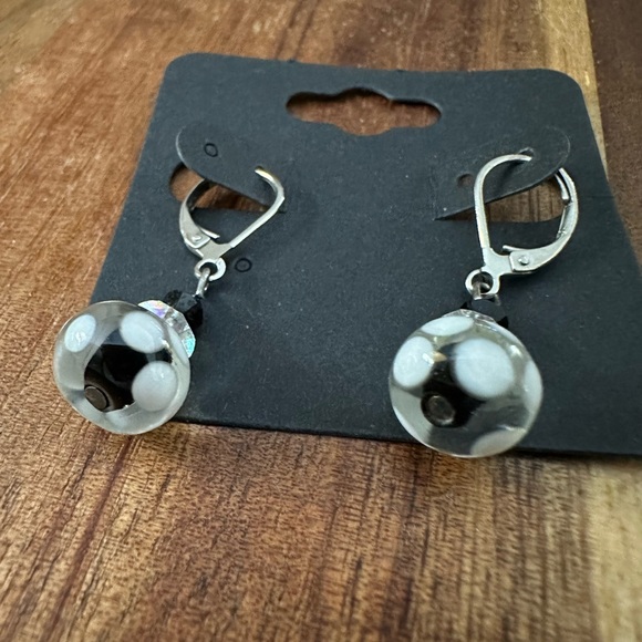 Glass Black/White with AB & Crystals. Lever Back Earrings. Silver … - Picture 2 of 3